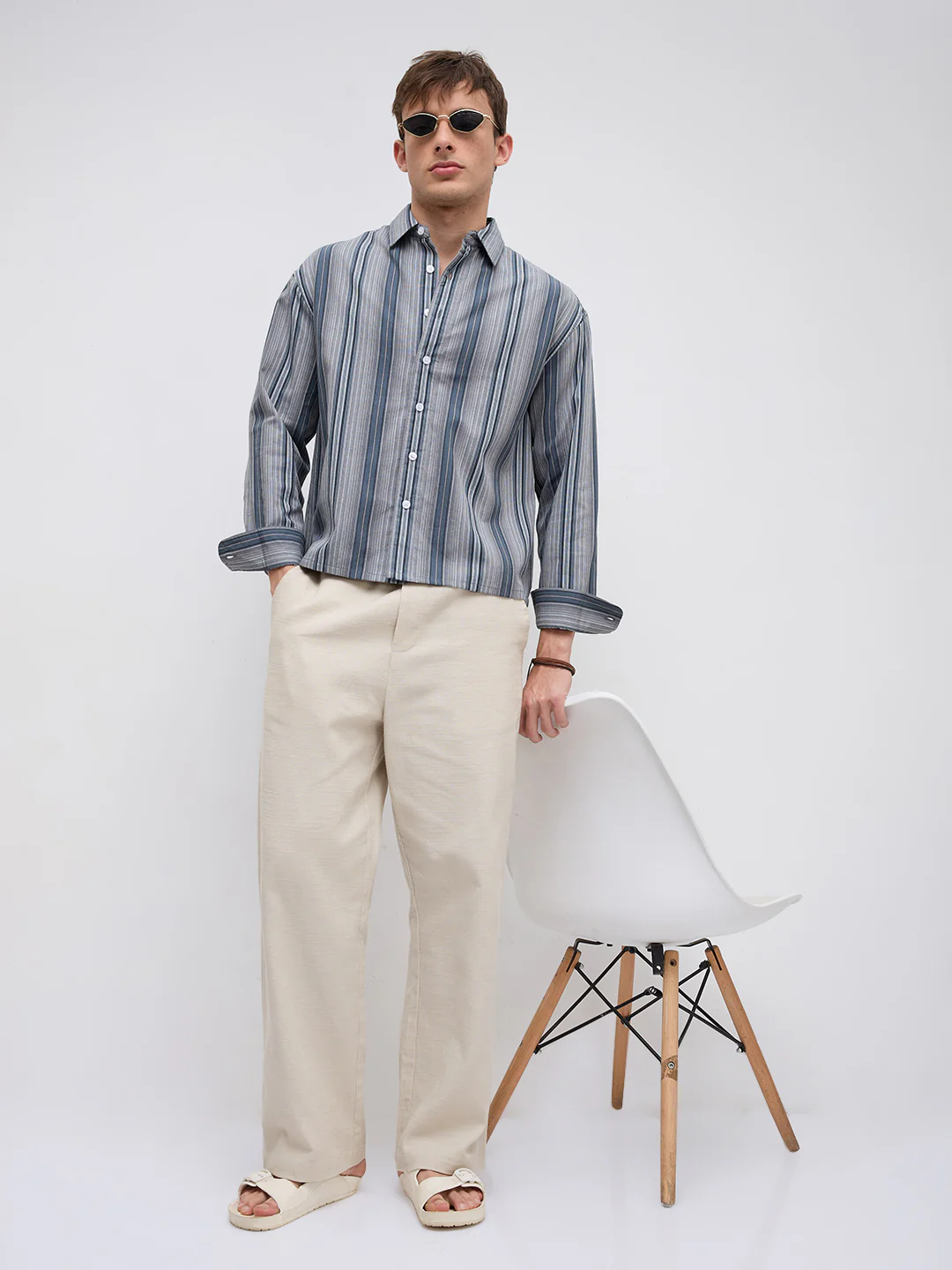 Slate Blue Multi Striped Boxy Fit Crop Shirt - Image 8