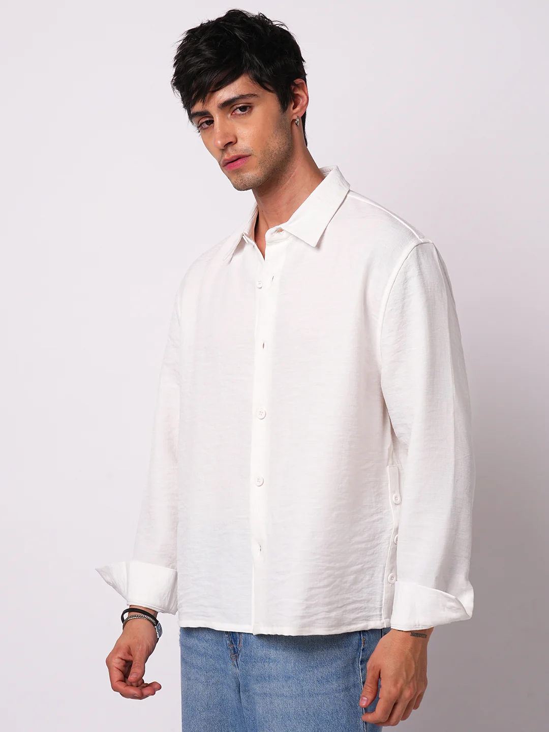 Snow White Crinkled Side-Slit Oversized Crop Shirt - Image 6