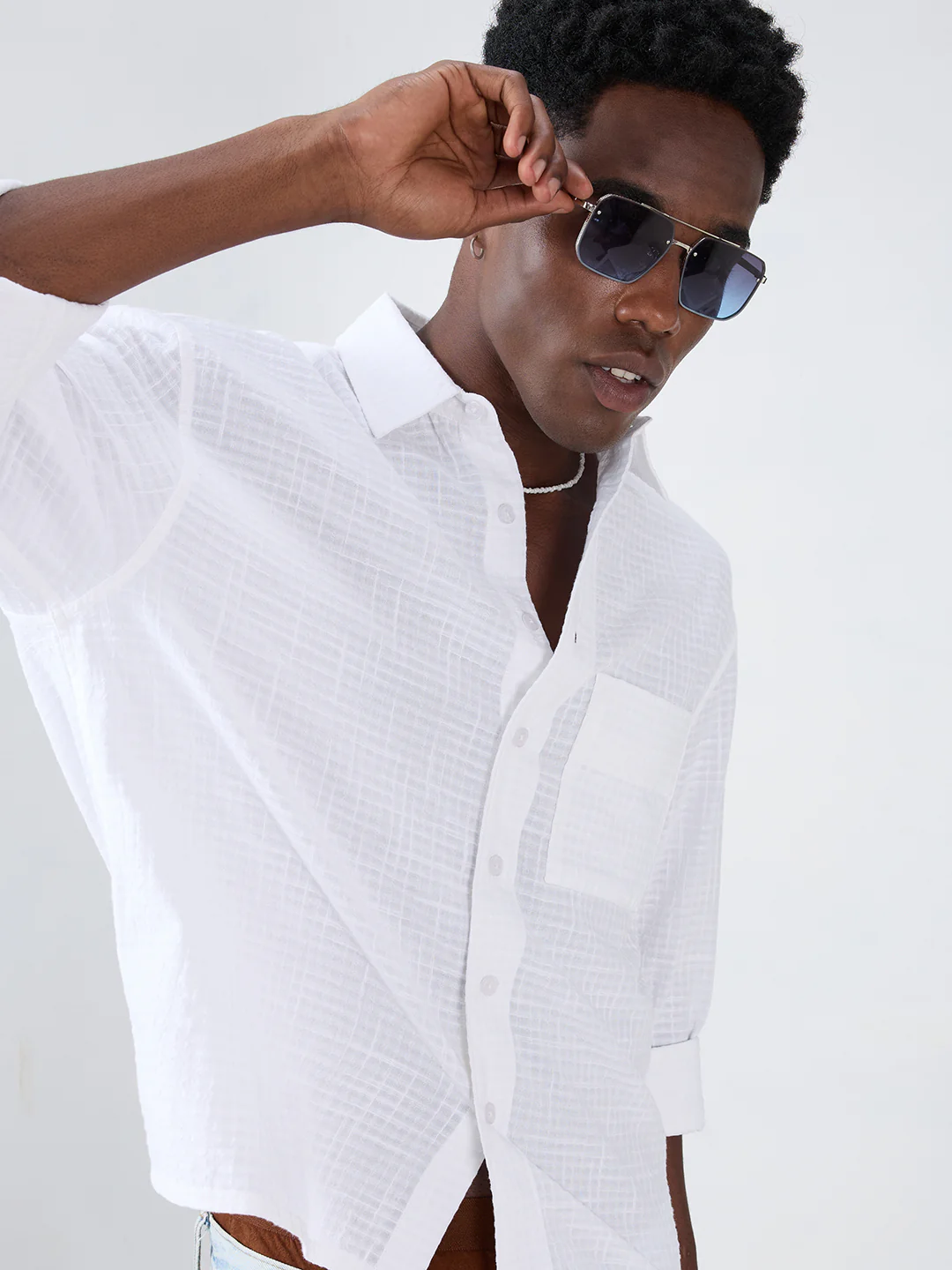 Snow White Micro Grid Textured Weave Boxy Fit Crop Shirt - Image 2