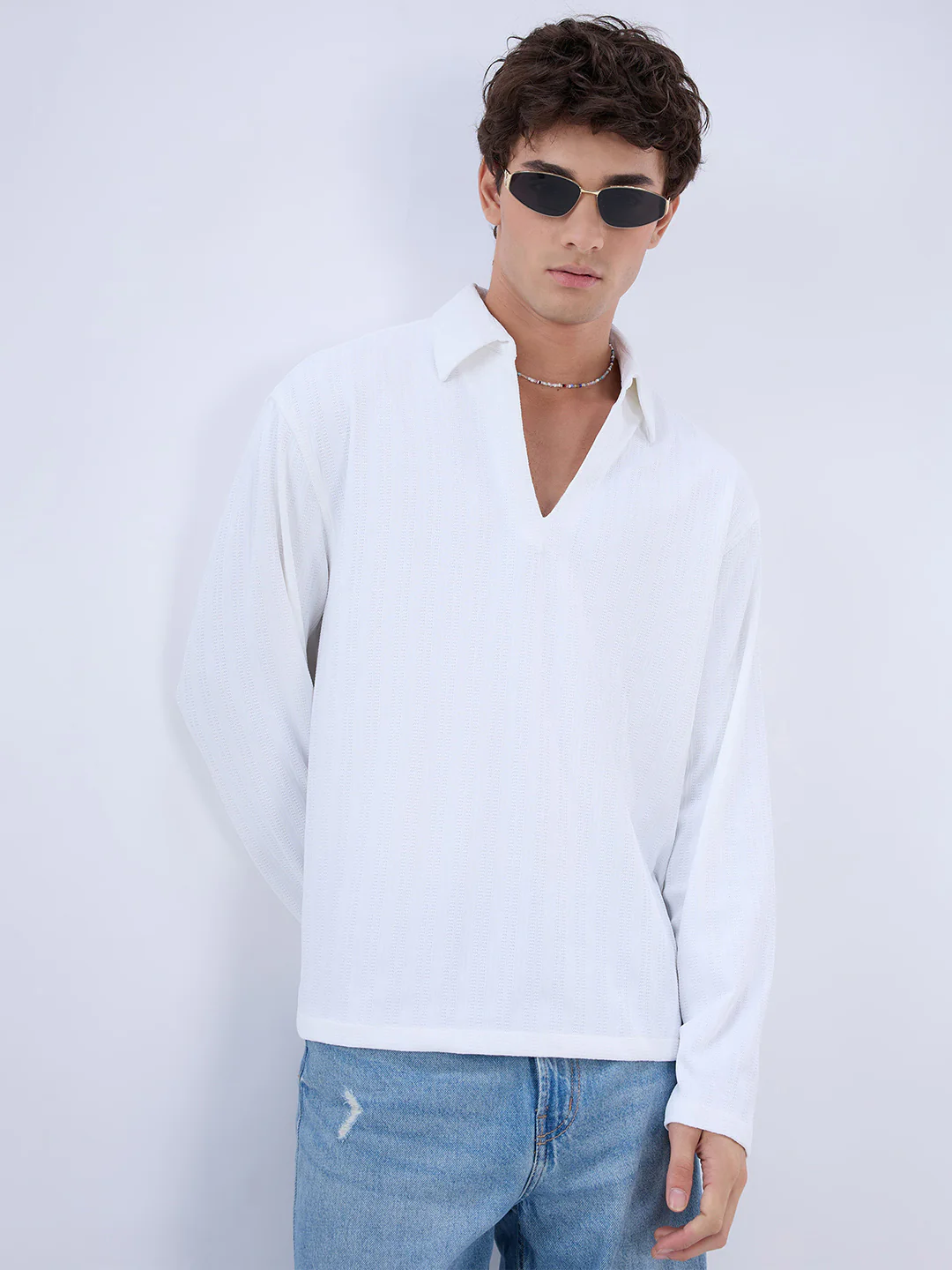 Snow White Micro Weave Knitted Oversized Polo Shirt - Image 2