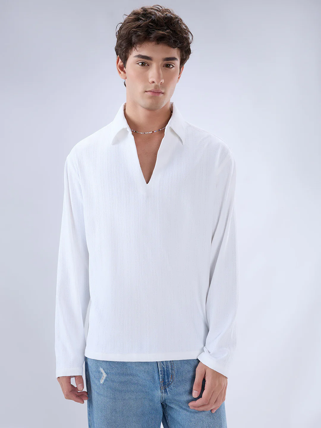 Snow White Micro Weave Knitted Oversized Polo Shirt - Image 4