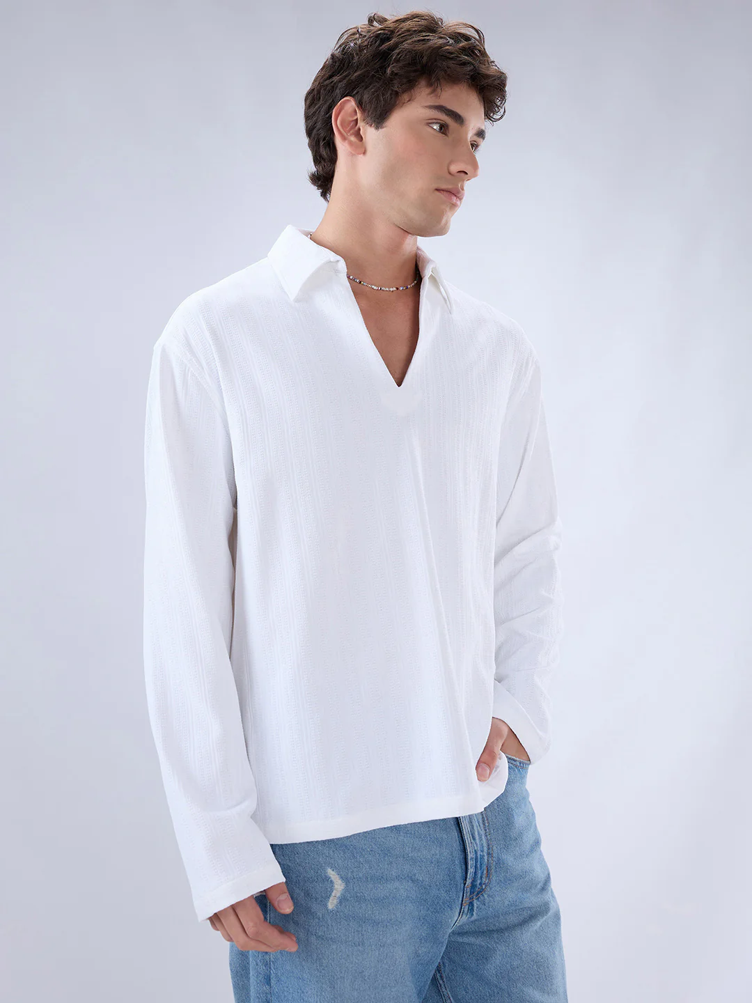 Snow White Micro Weave Knitted Oversized Polo Shirt - Image 5