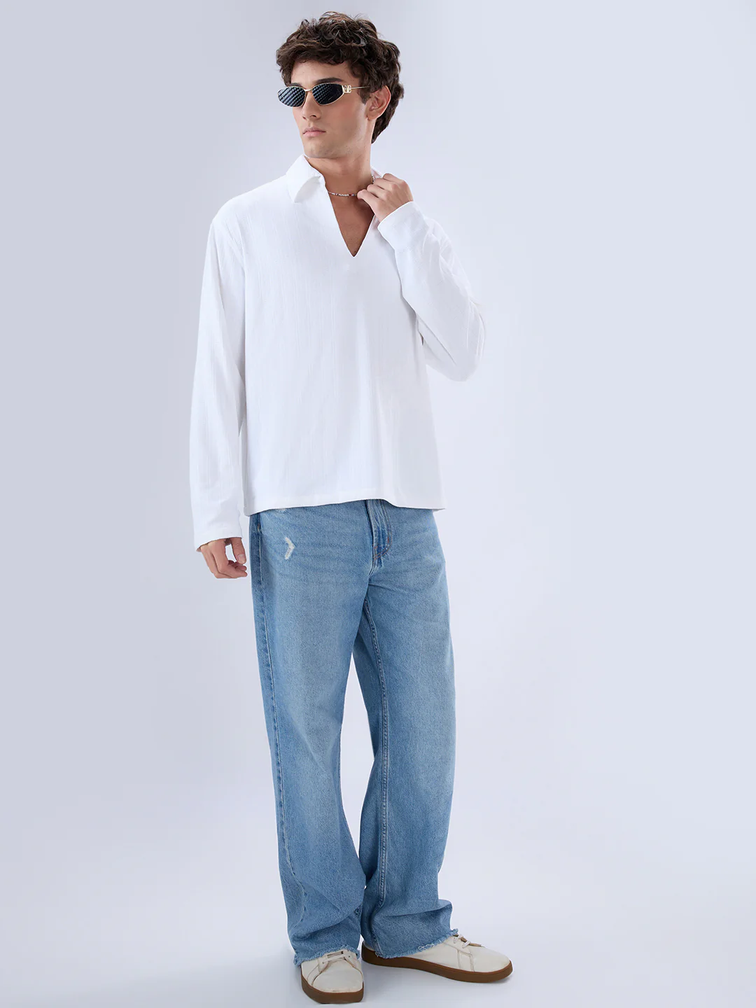 Snow White Micro Weave Knitted Oversized Polo Shirt - Image 7