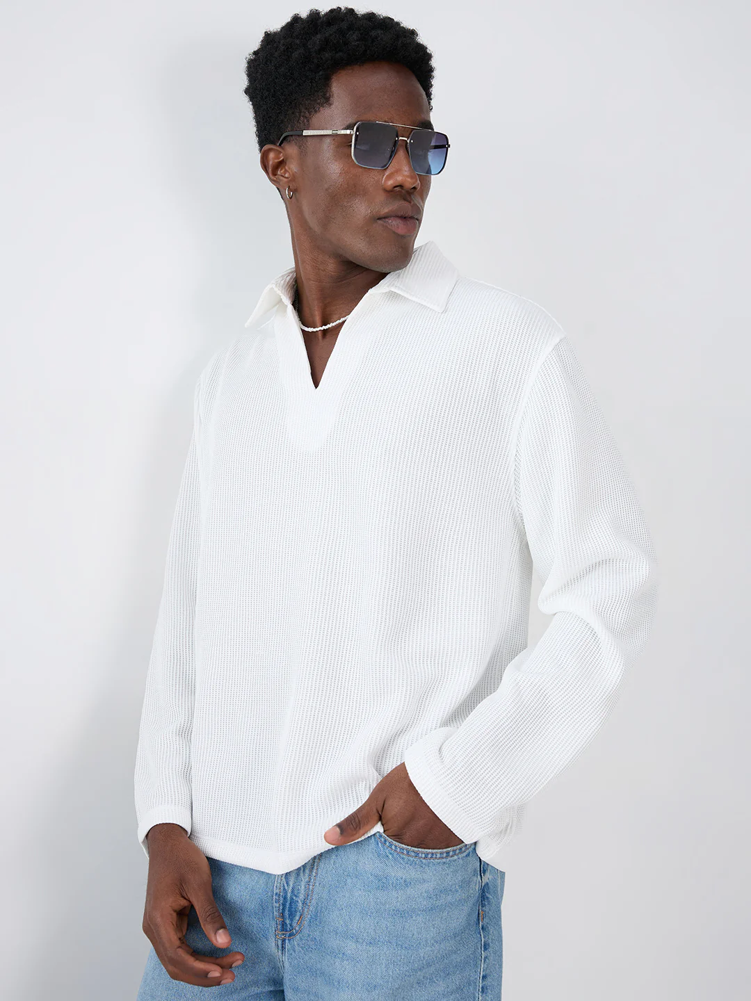 Snow White Refined Textured Knitted Oversized Polo Shirt - Image 2