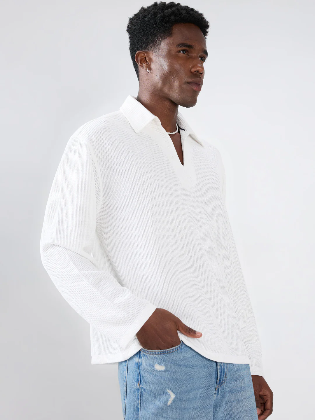 Snow White Refined Textured Knitted Oversized Polo Shirt - Image 7