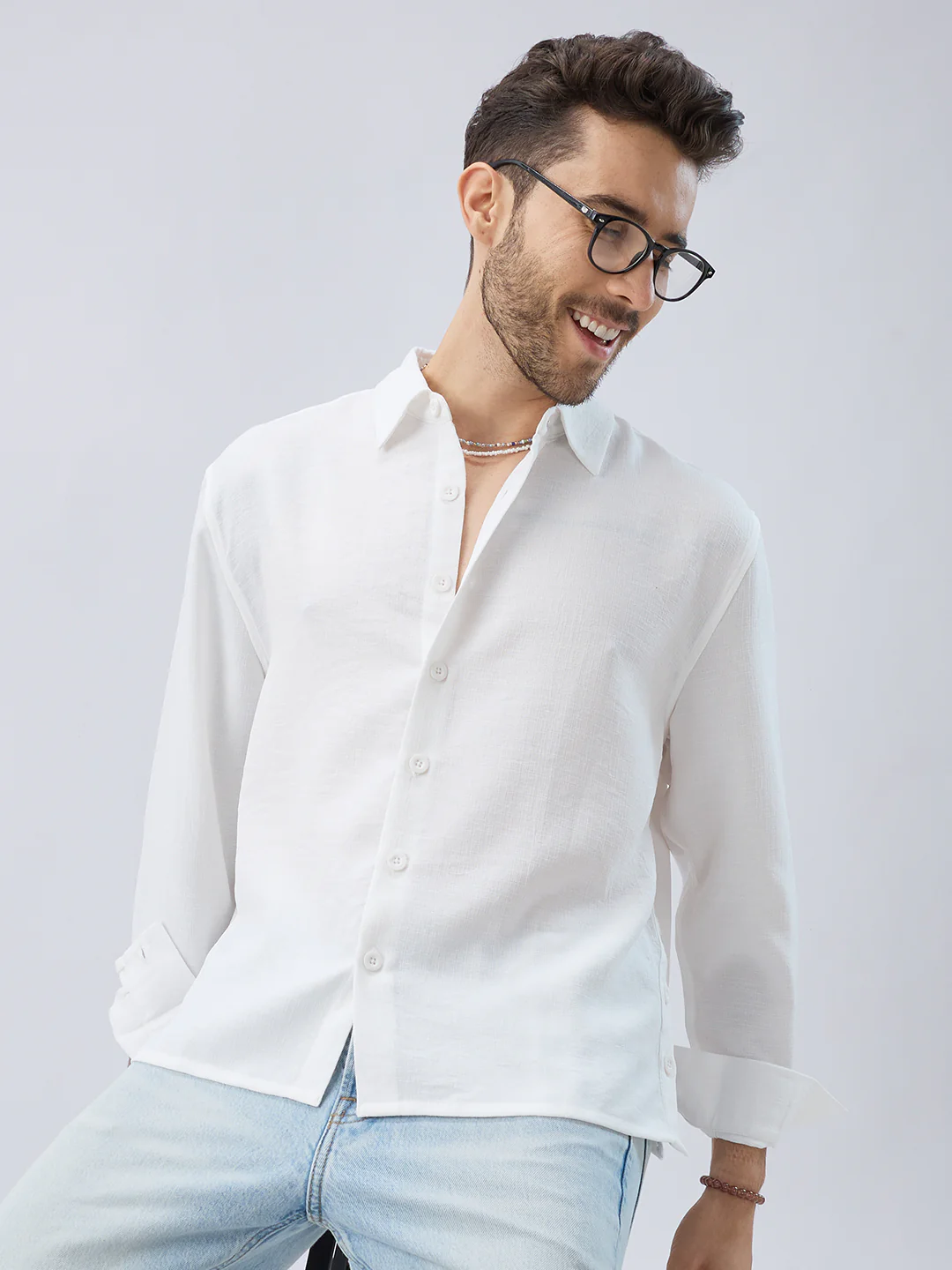 Snow White Side Slit Button Slub Textured Oversized Crop Shirt