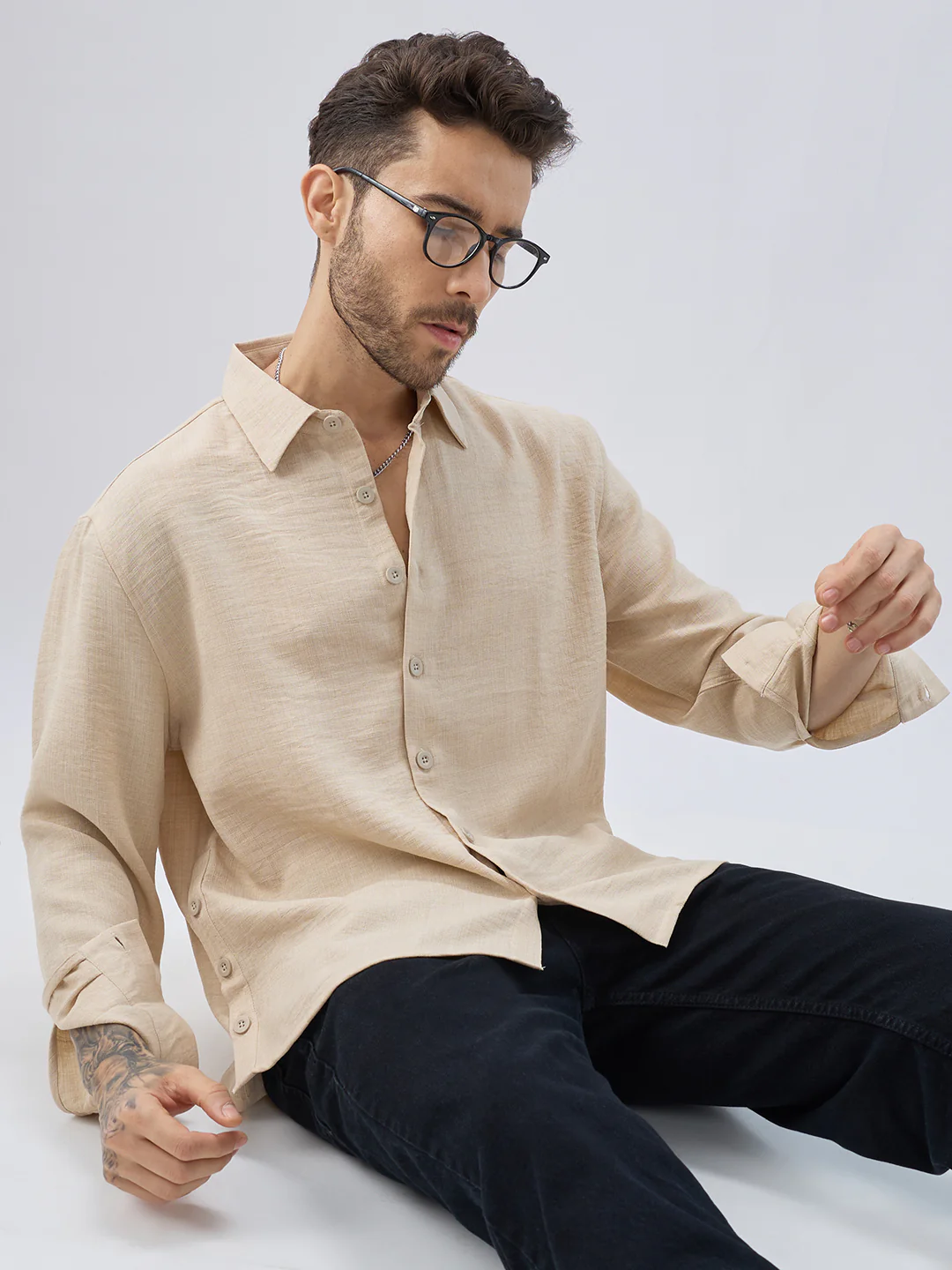 Soft Beige Slub Textured Oversized Side Slit Button Crop Shirt - Image 2