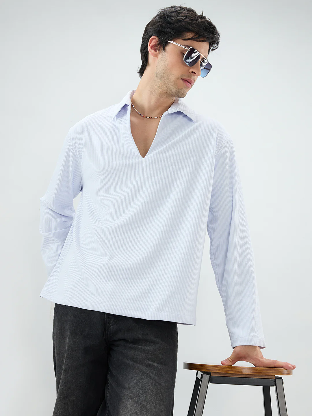 Soft Blue Precision Rib Striped Oversized Polo Knitted Shirt - Image 2