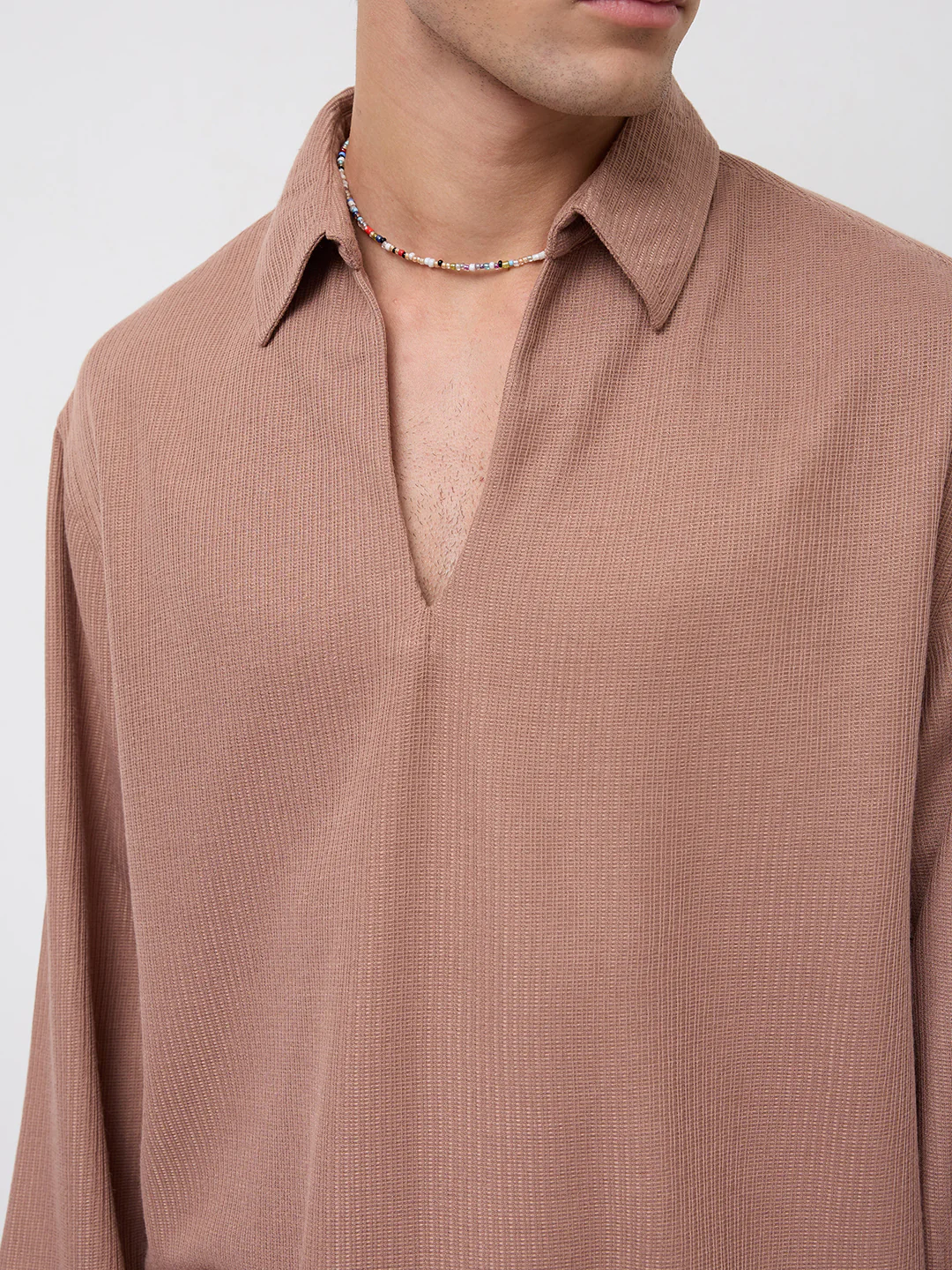 Soft Brown Micro Weave Knitted Oversized Polo Shirt - Image 3