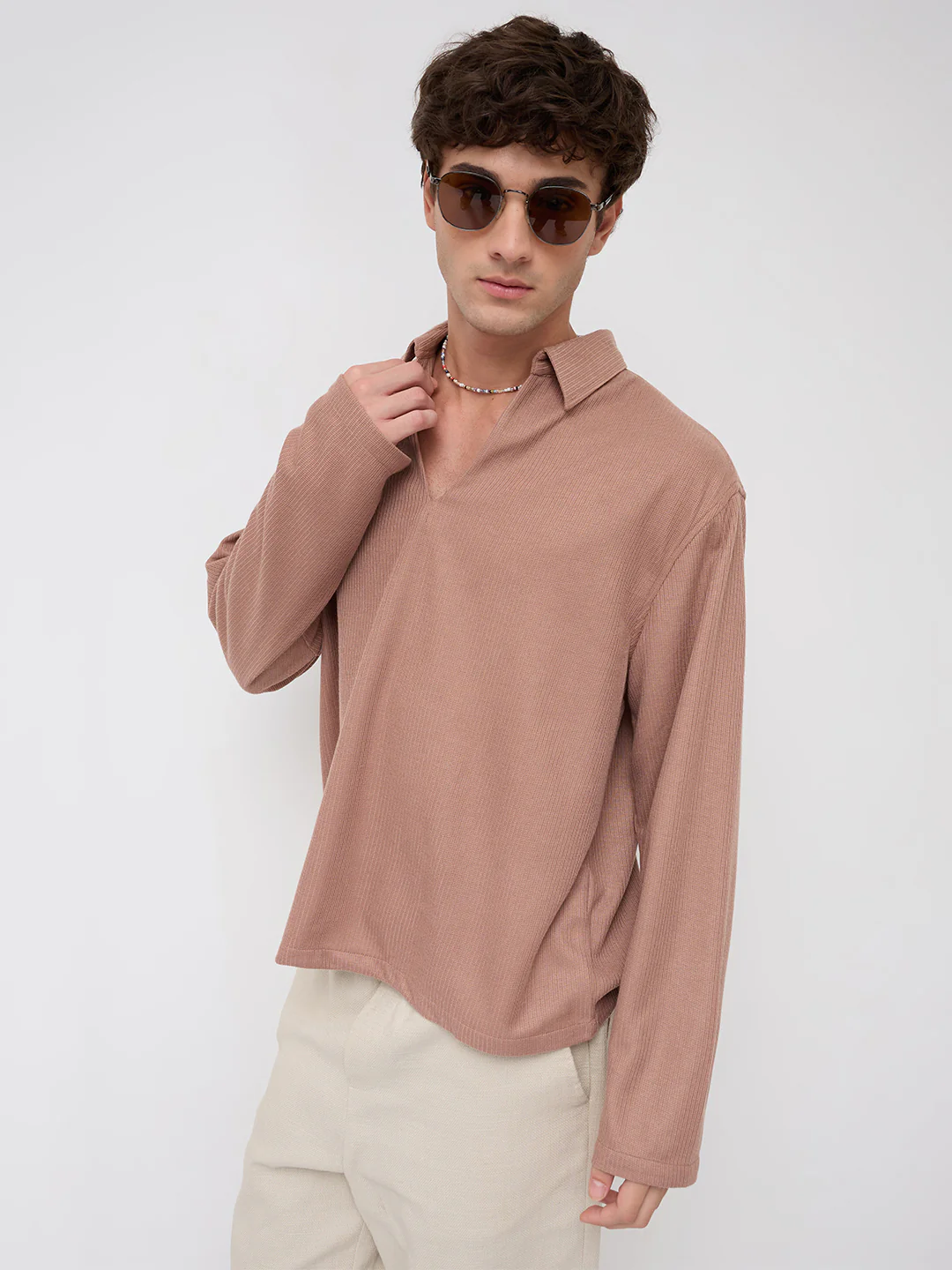 Soft Brown Micro Weave Knitted Oversized Polo Shirt - Image 4