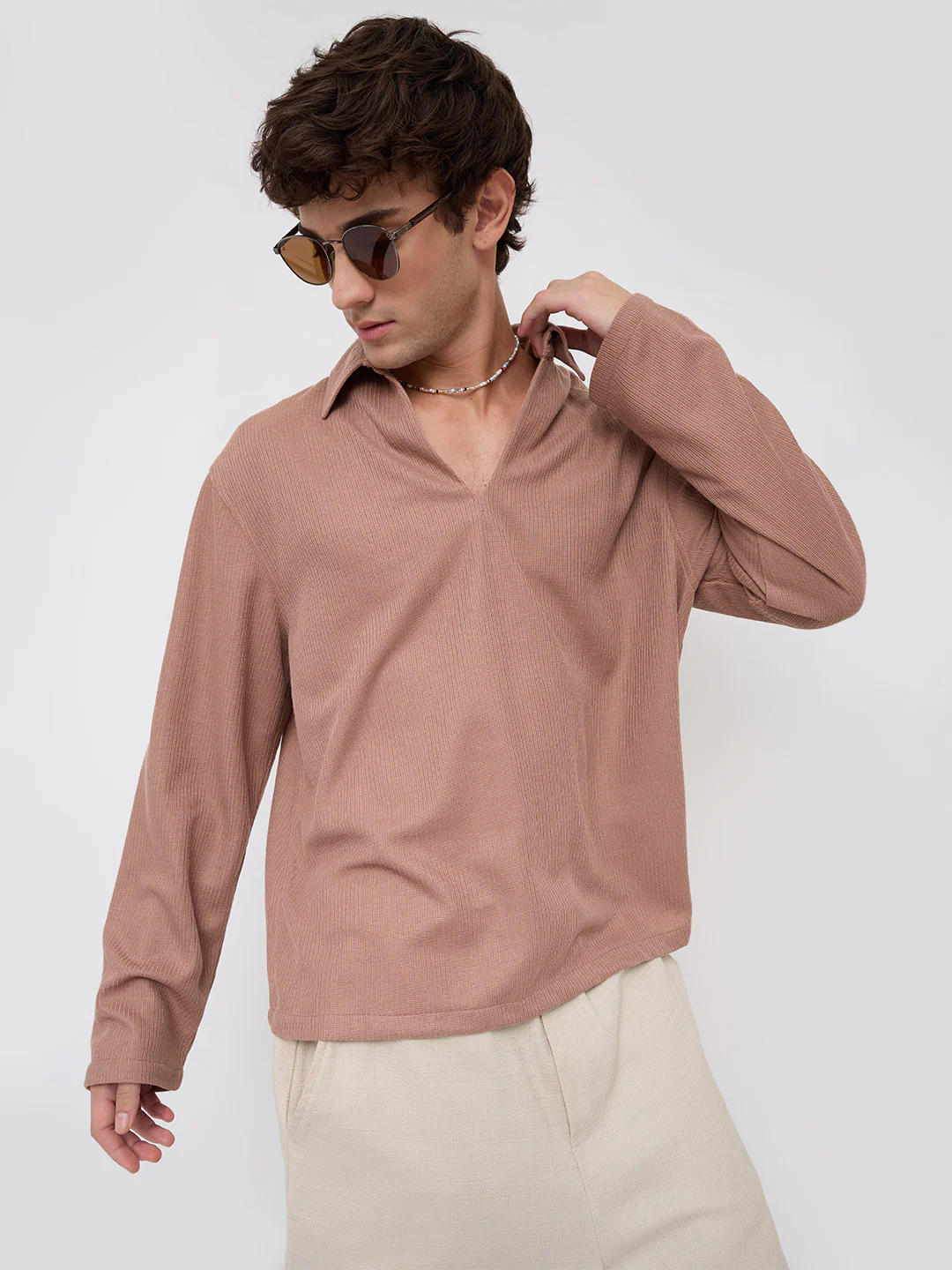 Soft Brown Micro Weave Knitted Oversized Polo Shirt - Image 5