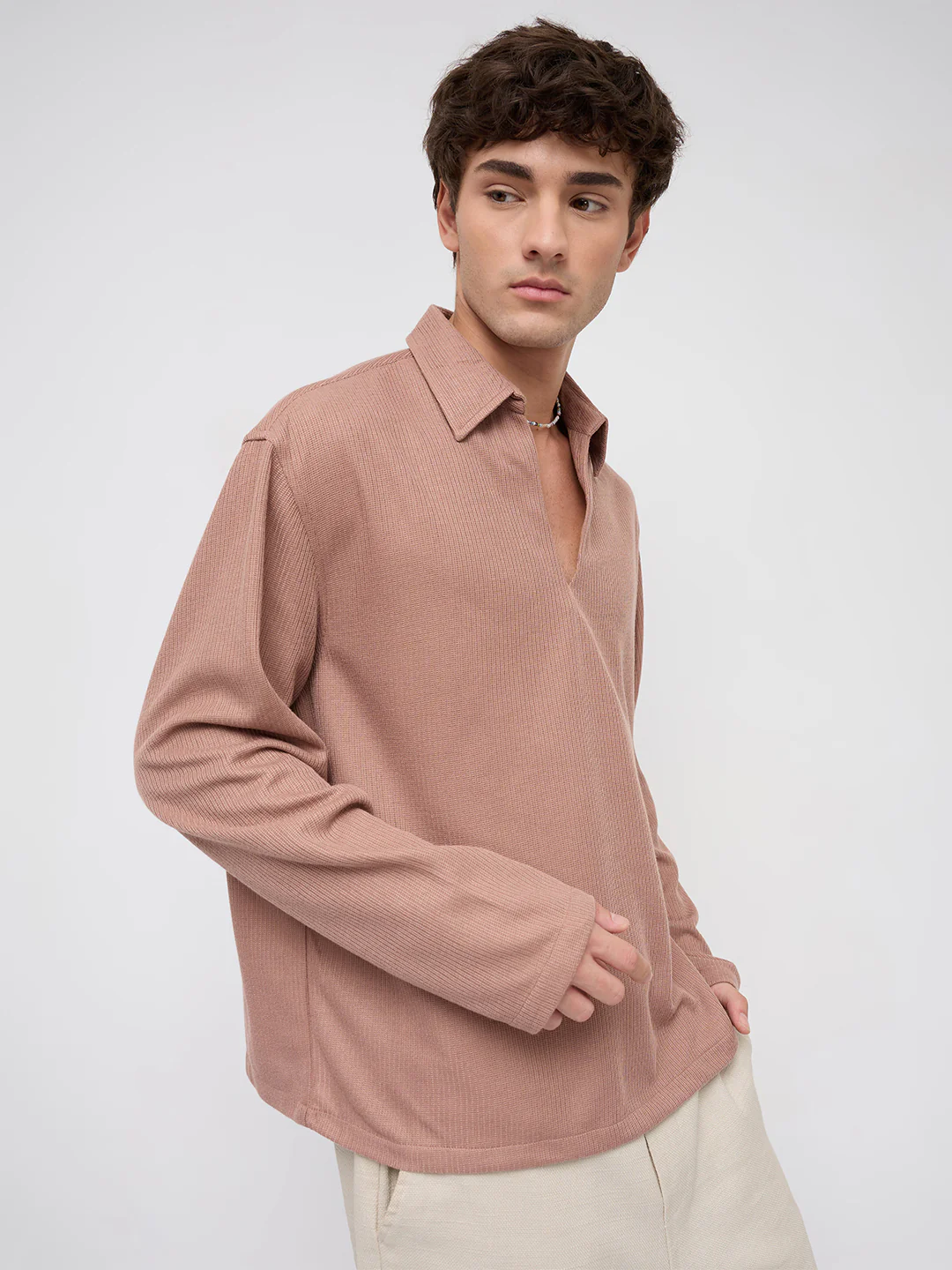 Soft Brown Micro Weave Knitted Oversized Polo Shirt - Image 6