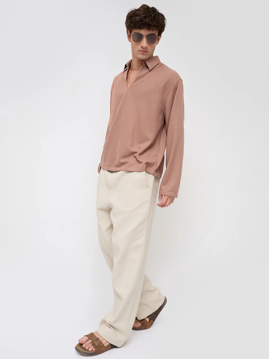 Soft Brown Micro Weave Knitted Oversized Polo Shirt - Image 8