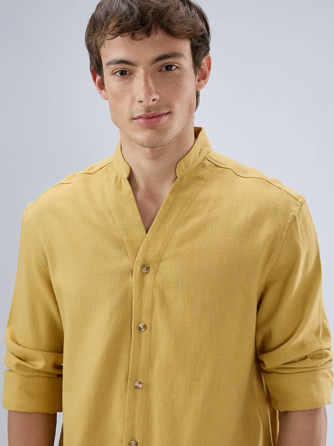 Soft Honey Yellow Diagonal Textured Stand Collar Oversized Shirt - Image 3