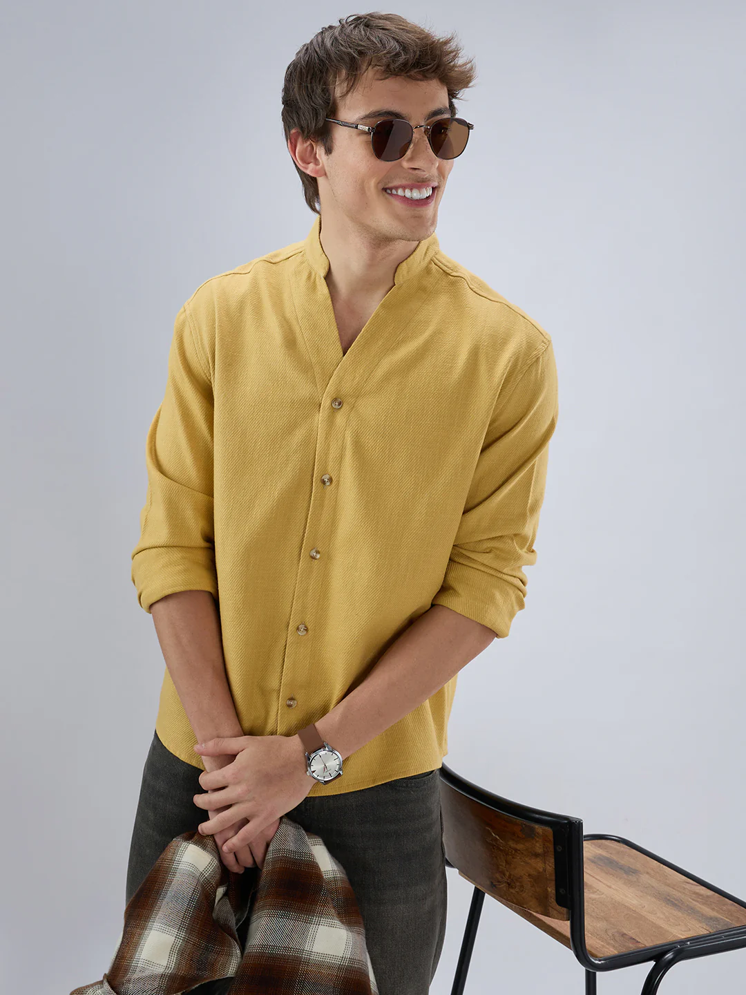 Soft Honey Yellow Diagonal Textured Stand Collar Oversized Shirt - Image 4