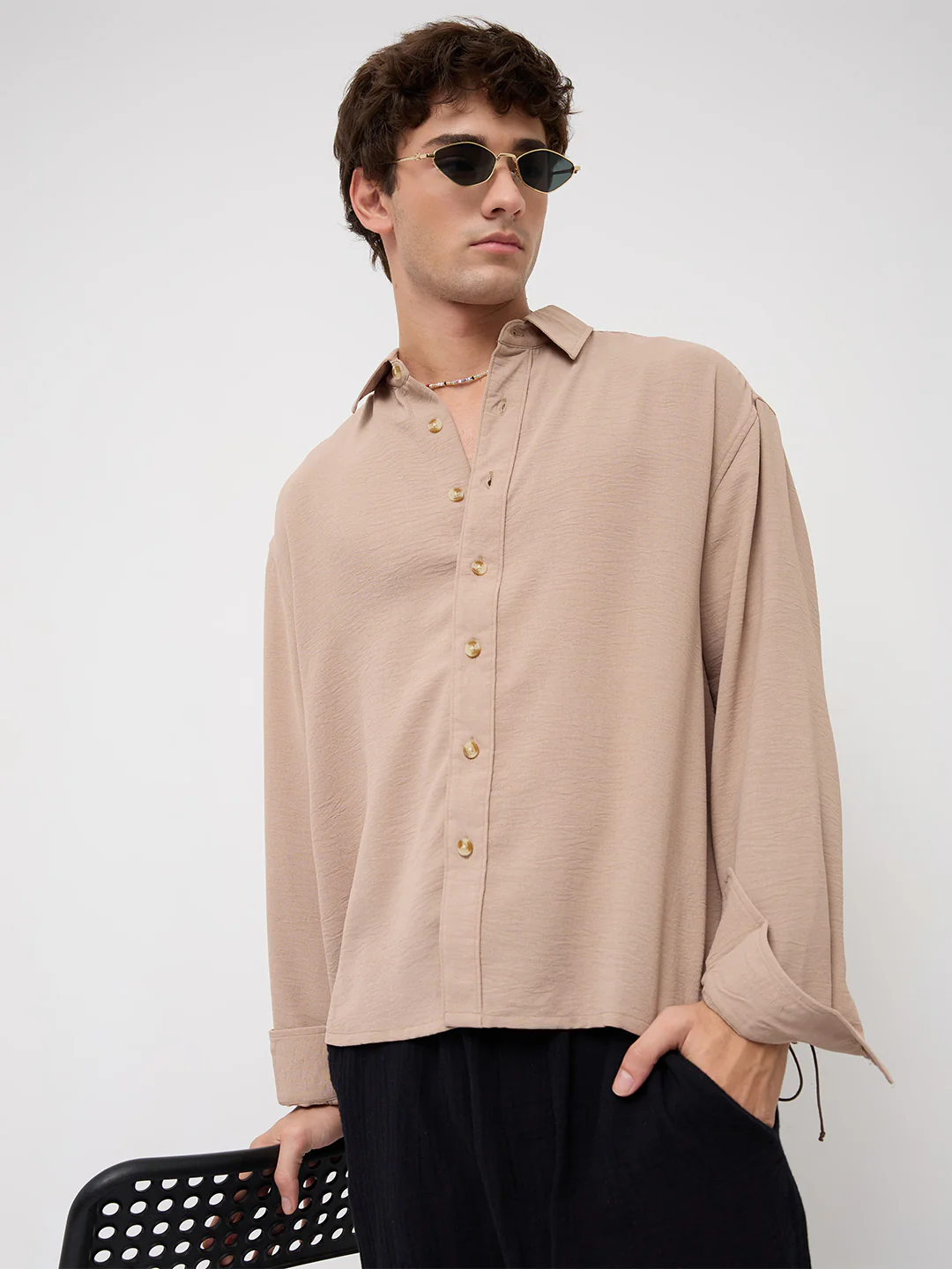 Soft Khaki Lightweight Crinkled Boxy Fit Crop Shirt