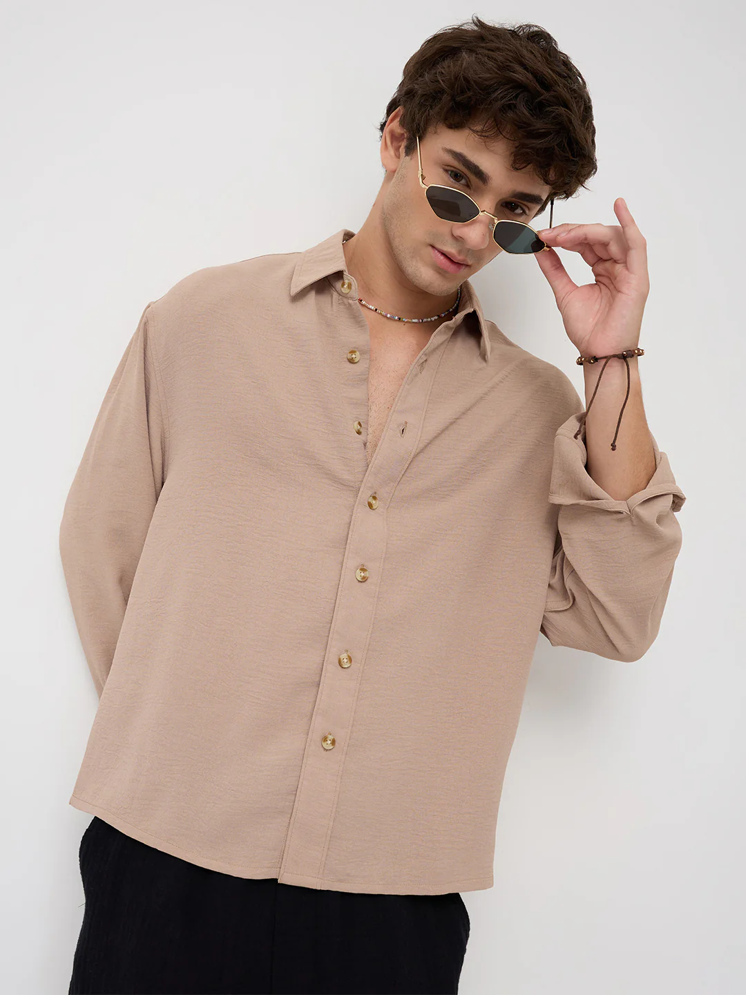 Soft Khaki Lightweight Crinkled Boxy Fit Crop Shirt - Image 2