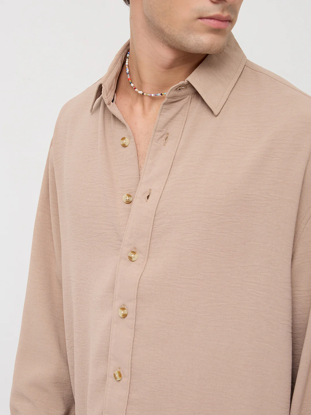 Soft Khaki Lightweight Crinkled Boxy Fit Crop Shirt - Image 3