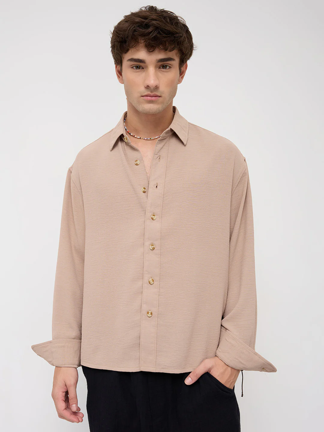 Soft Khaki Lightweight Crinkled Boxy Fit Crop Shirt - Image 4
