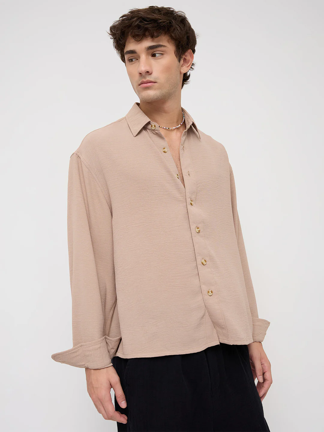 Soft Khaki Lightweight Crinkled Boxy Fit Crop Shirt - Image 5