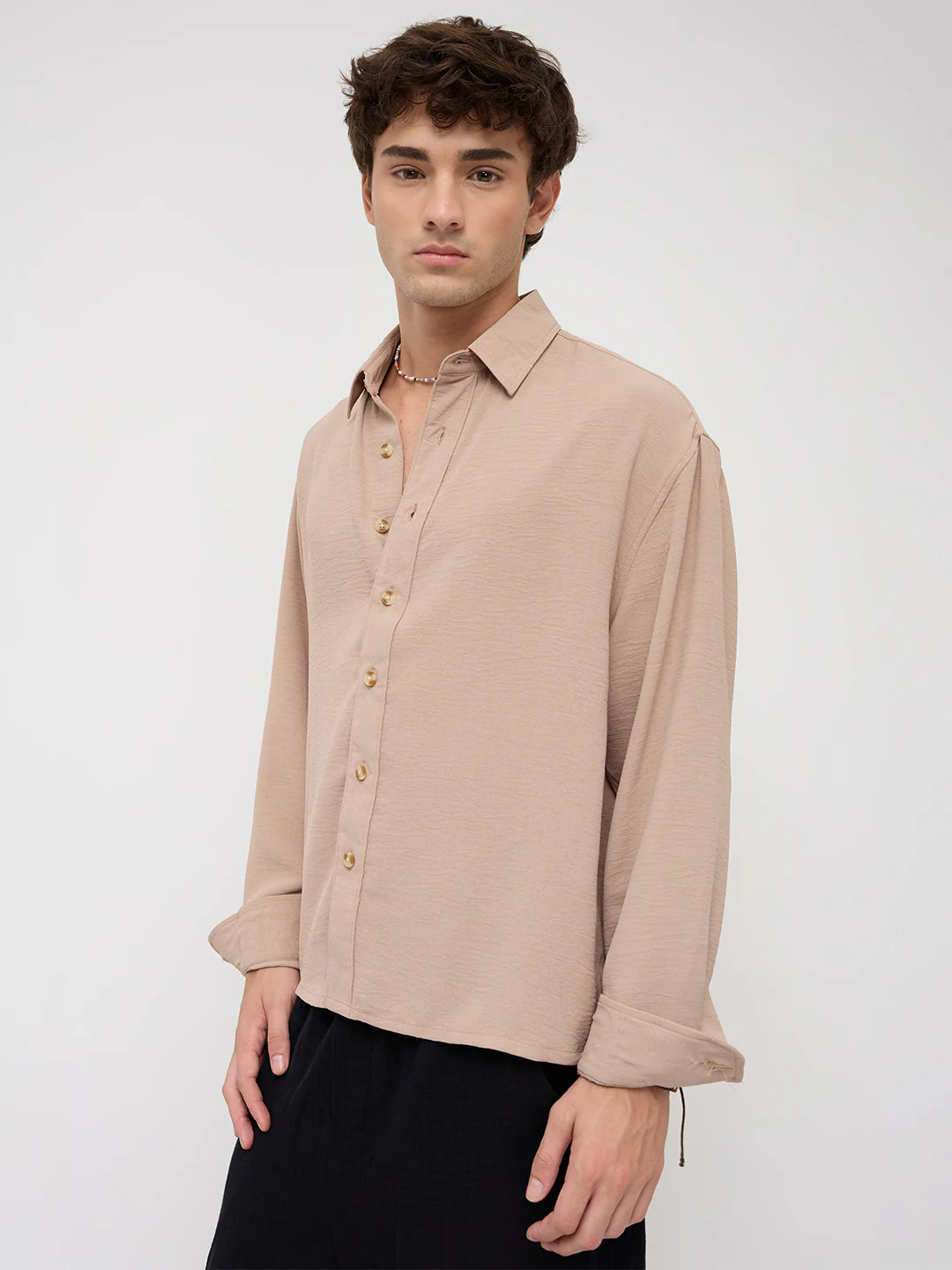 Soft Khaki Lightweight Crinkled Boxy Fit Crop Shirt - Image 6