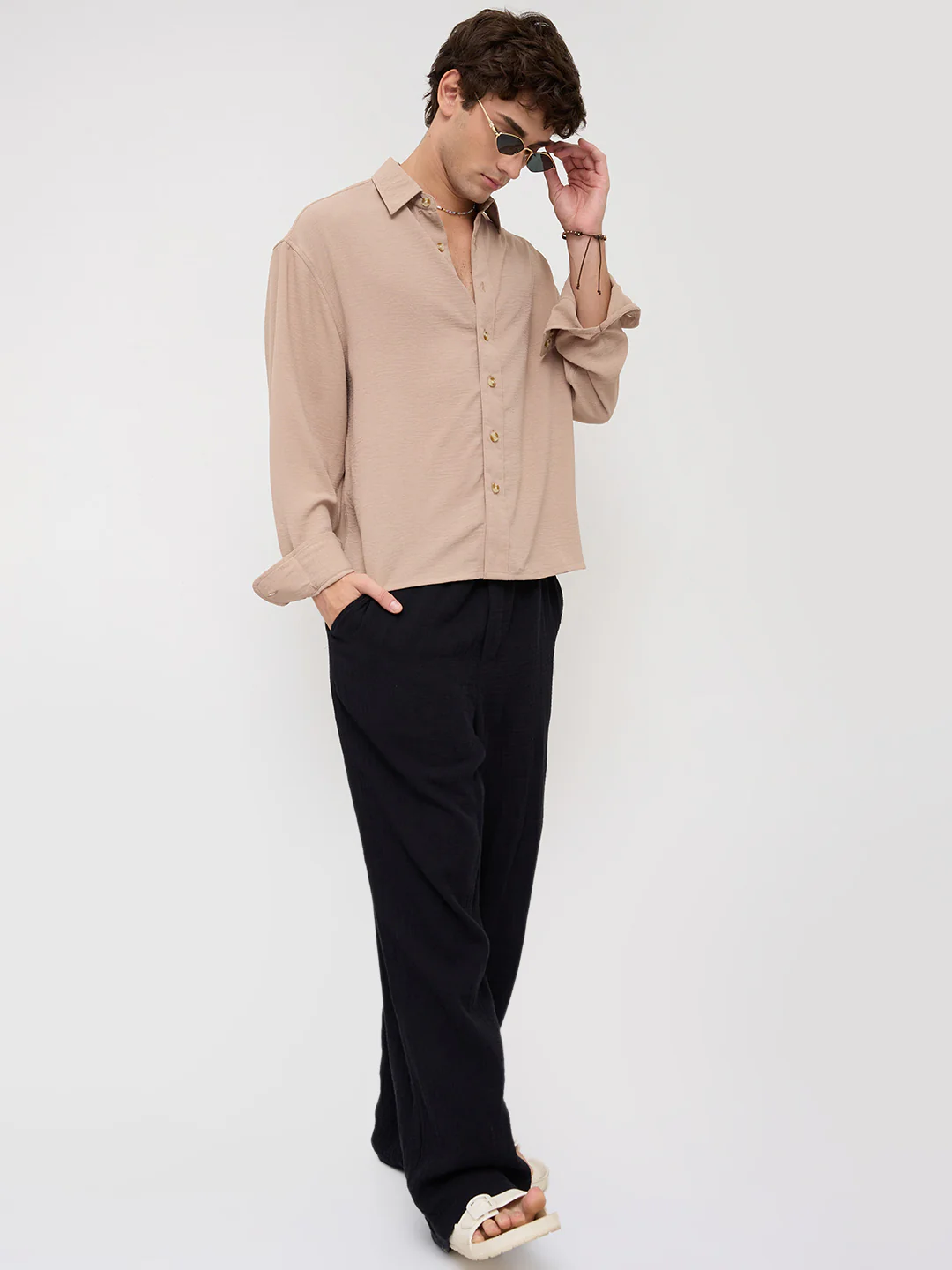 Soft Khaki Lightweight Crinkled Boxy Fit Crop Shirt - Image 8