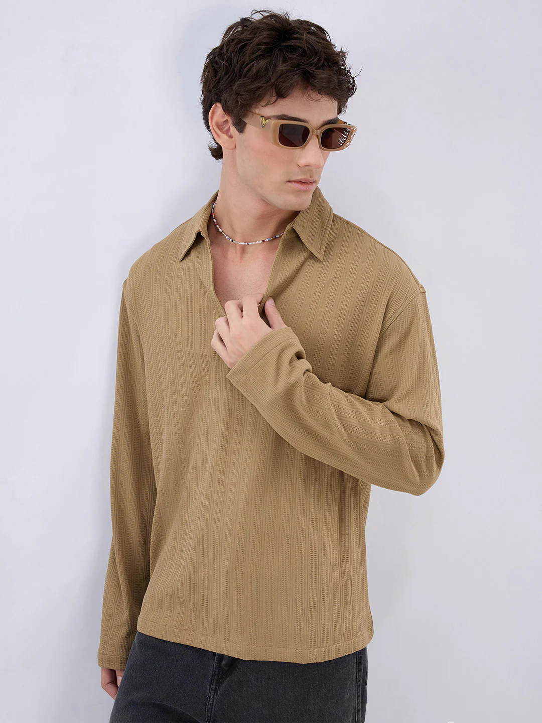 Soft Khaki Ribbed Textured Polo Oversized Knitted Shirt