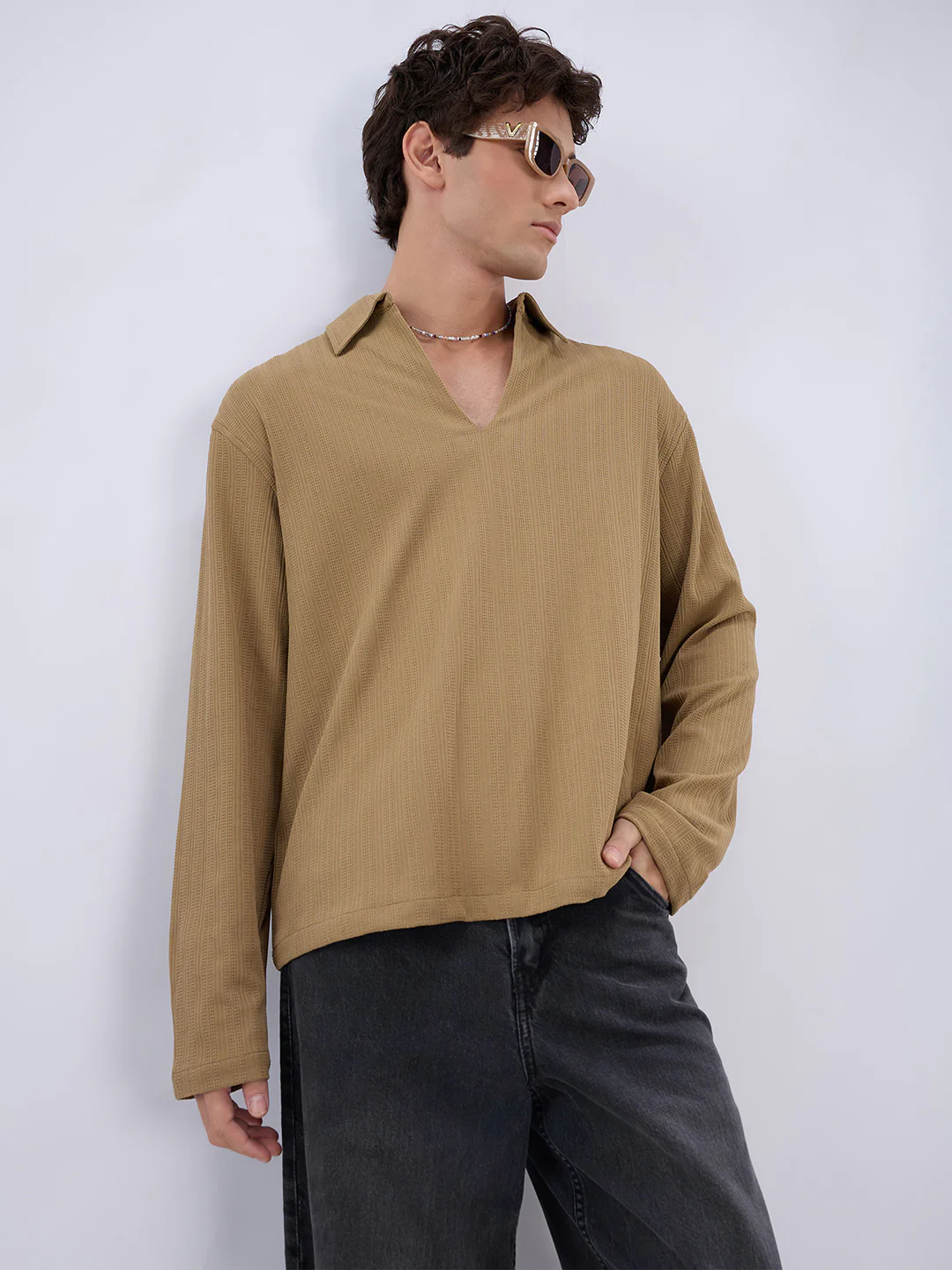 Soft Khaki Ribbed Textured Polo Oversized Knitted Shirt - Image 4