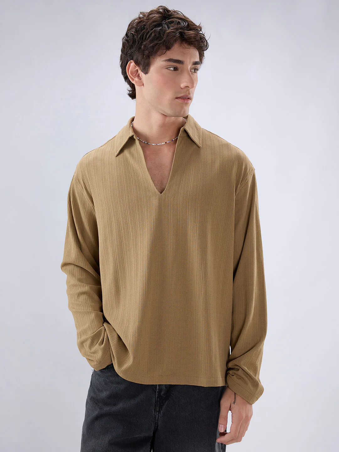 Soft Khaki Ribbed Textured Polo Oversized Knitted Shirt - Image 5