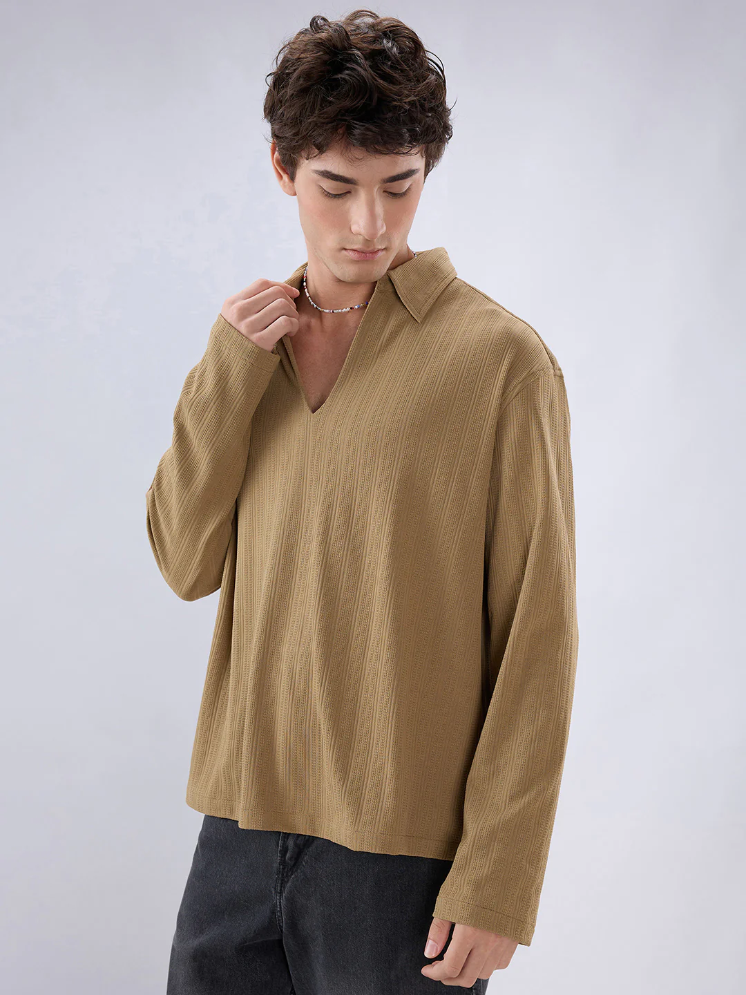 Soft Khaki Ribbed Textured Polo Oversized Knitted Shirt - Image 6