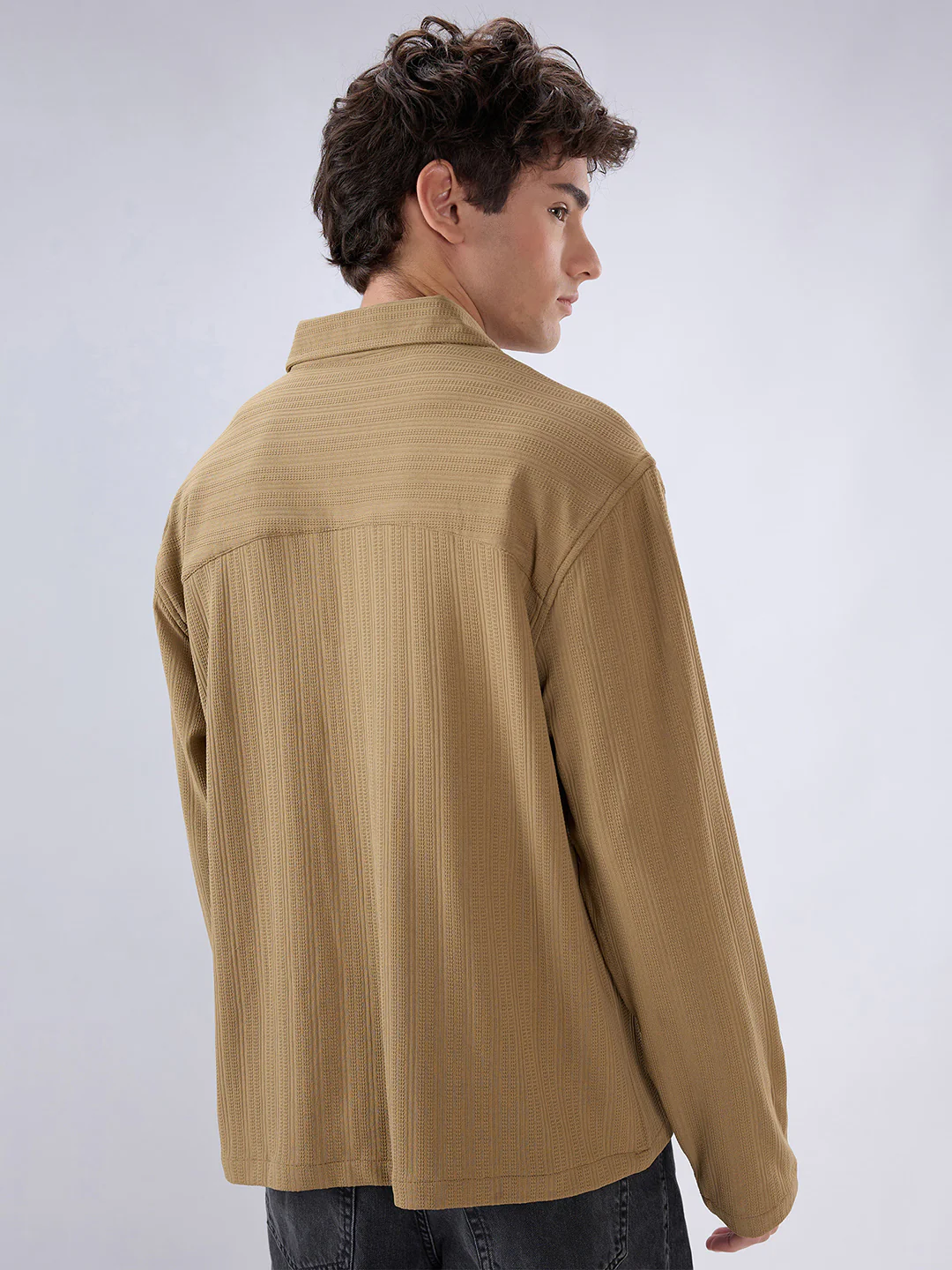 Soft Khaki Ribbed Textured Polo Oversized Knitted Shirt - Image 7