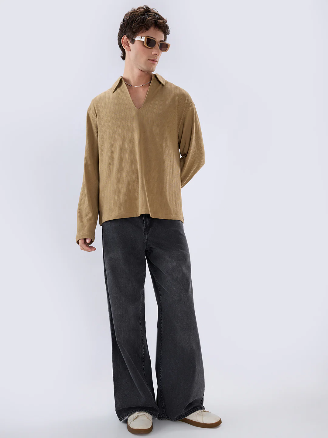 Soft Khaki Ribbed Textured Polo Oversized Knitted Shirt - Image 8