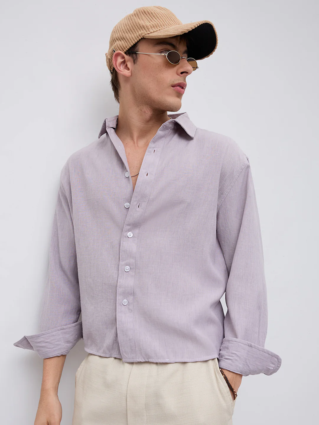 Soft Lilac Smooth Weave Boxy Fit Crop Shirt - Image 5