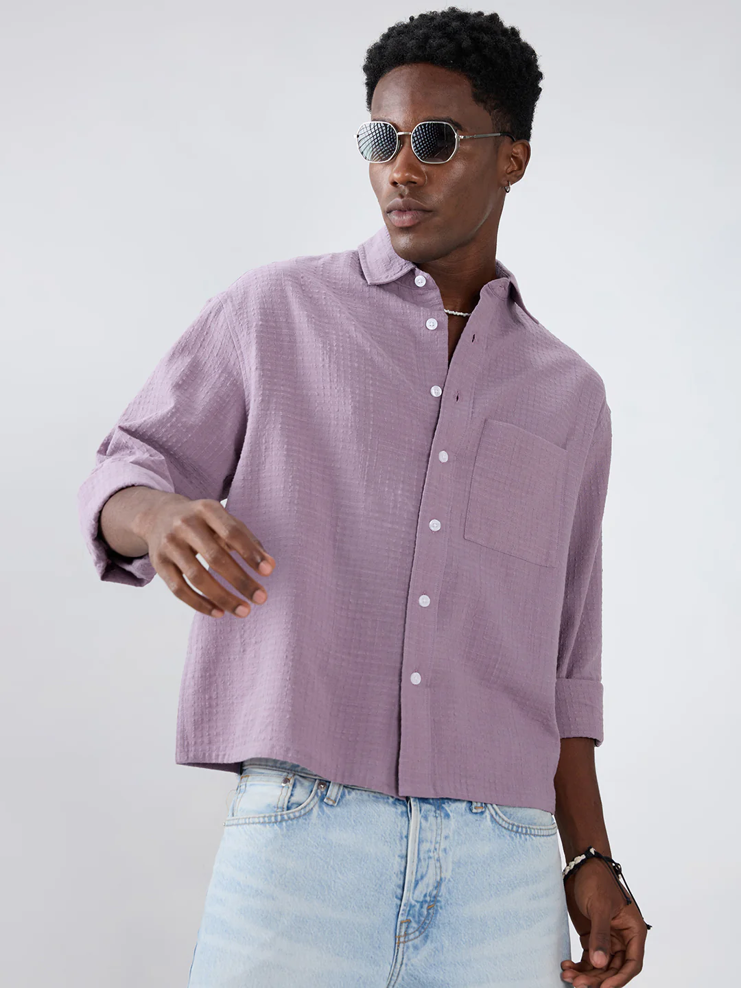 Soft Mauve Micro Grid Jacquard Weave Boxy Fit Crop Shirt