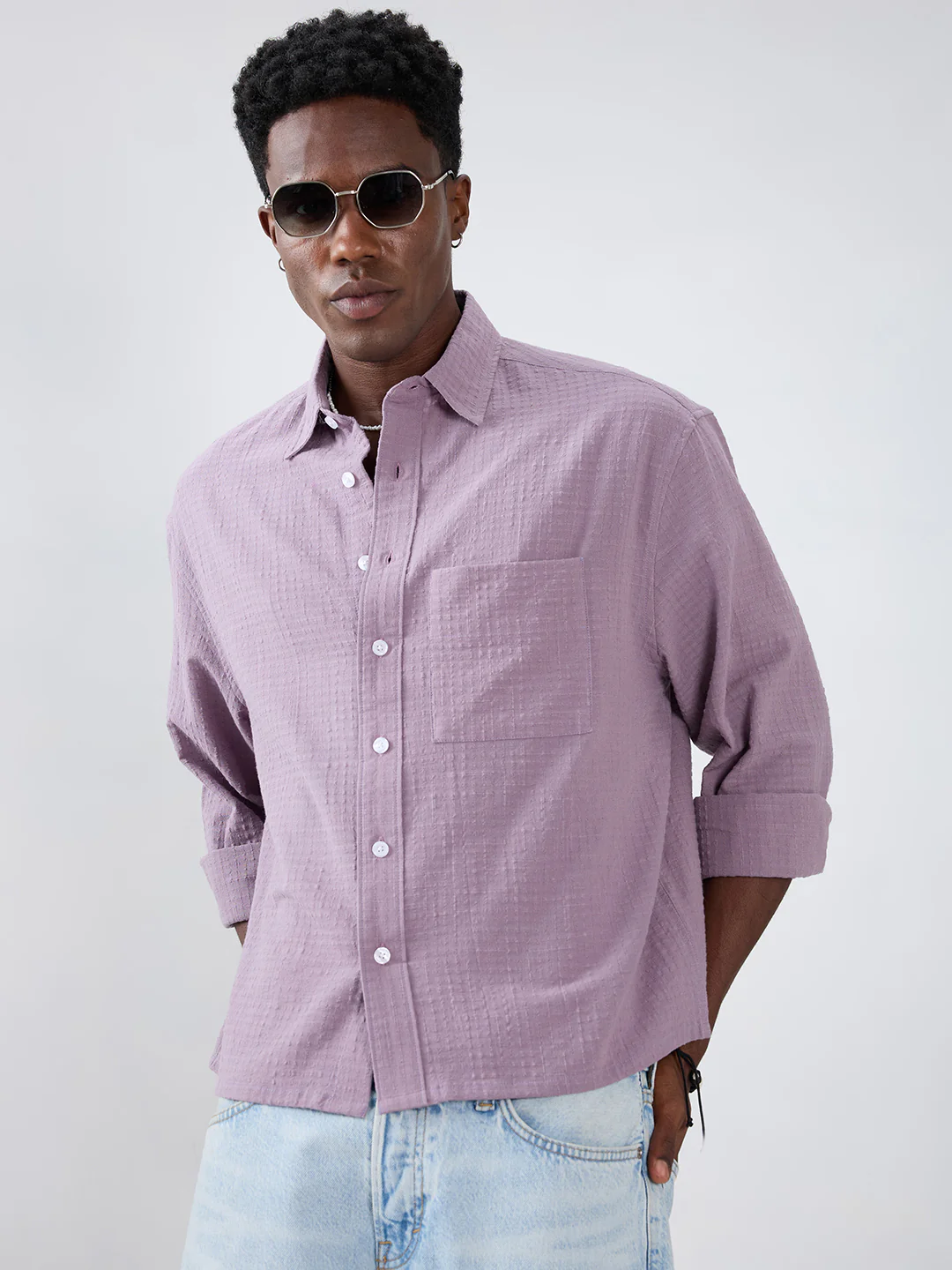 Soft Mauve Micro Grid Jacquard Weave Boxy Fit Crop Shirt - Image 2