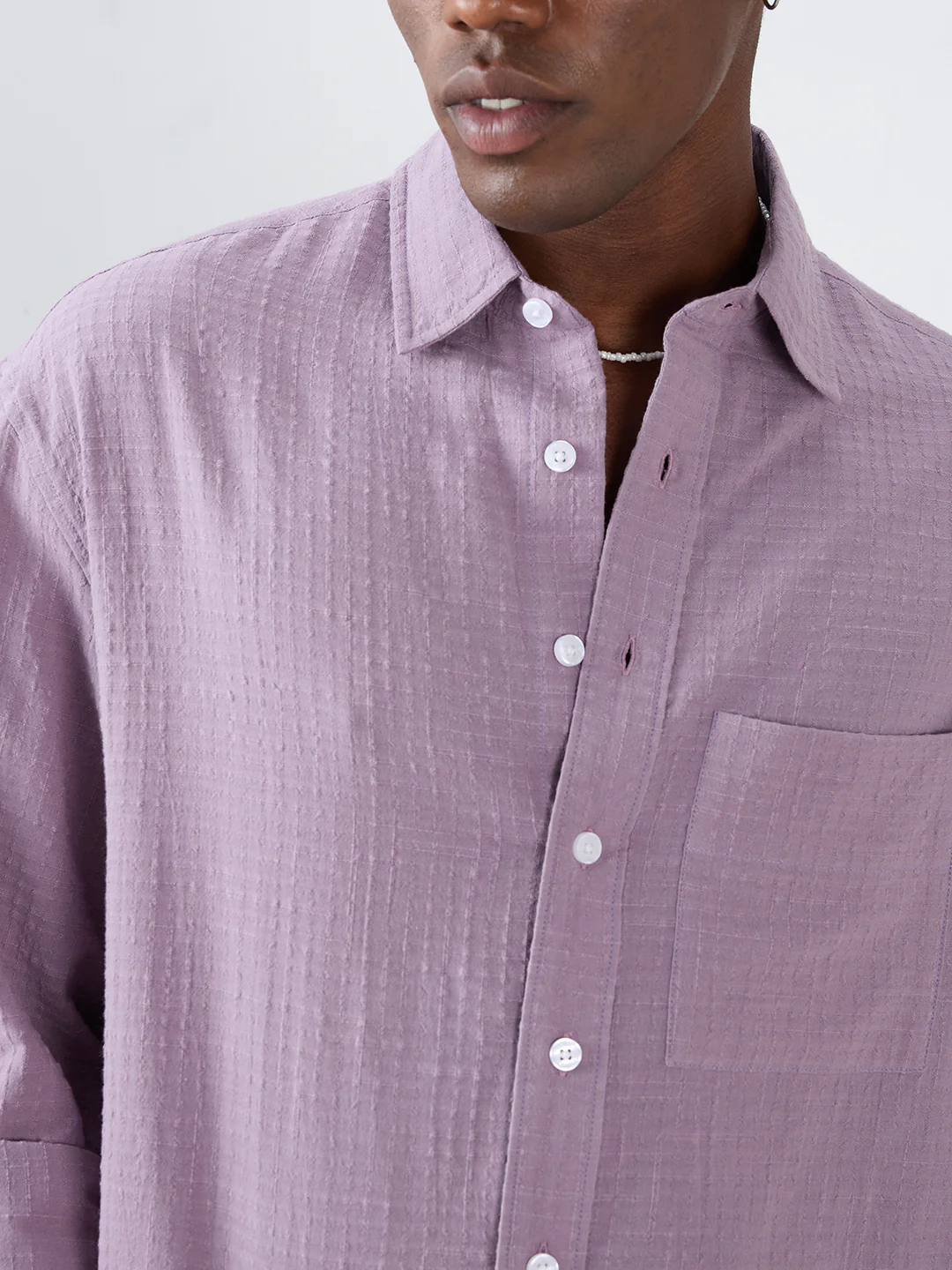 Soft Mauve Micro Grid Jacquard Weave Boxy Fit Crop Shirt - Image 3