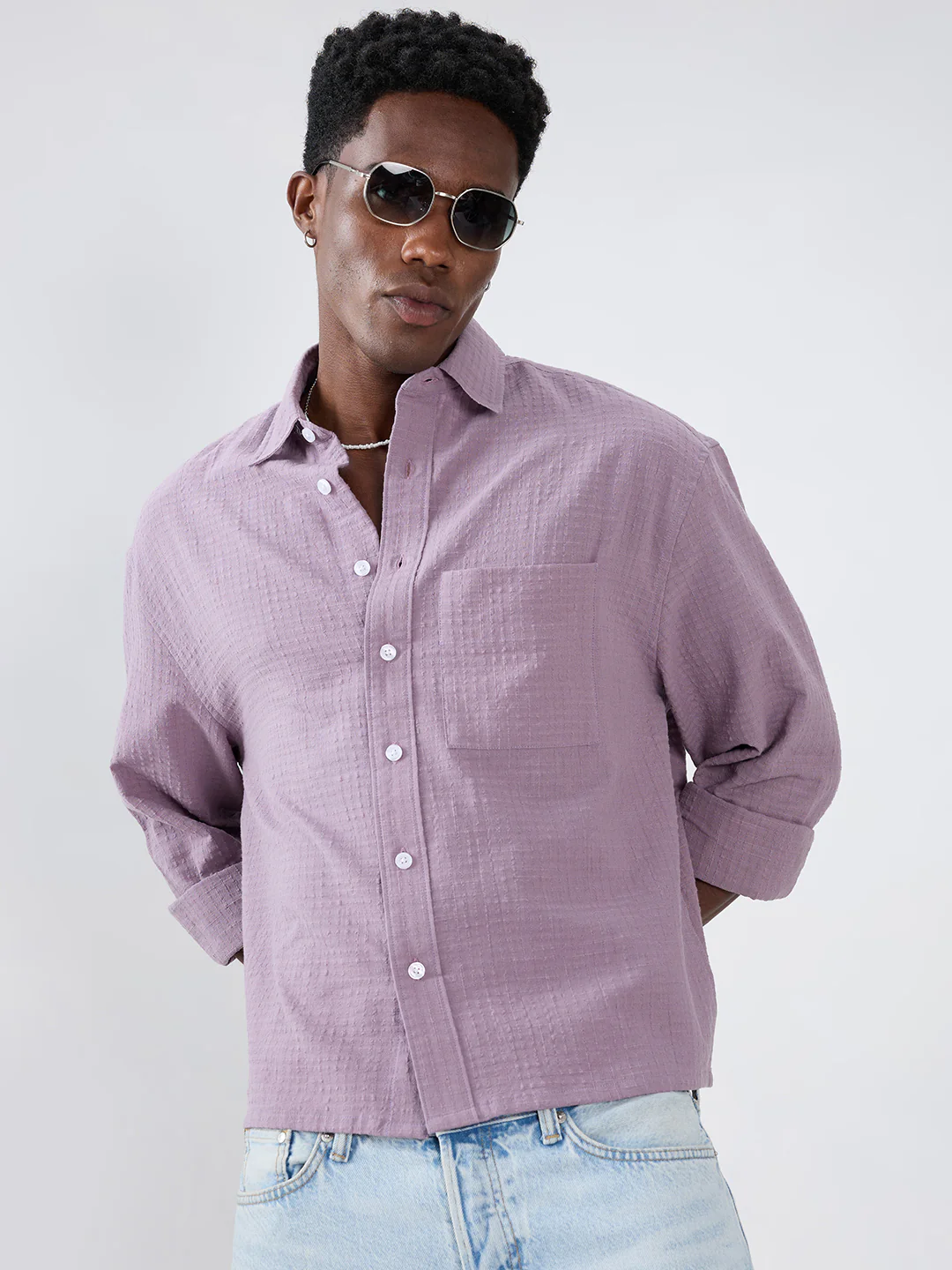 Soft Mauve Micro Grid Jacquard Weave Boxy Fit Crop Shirt - Image 4