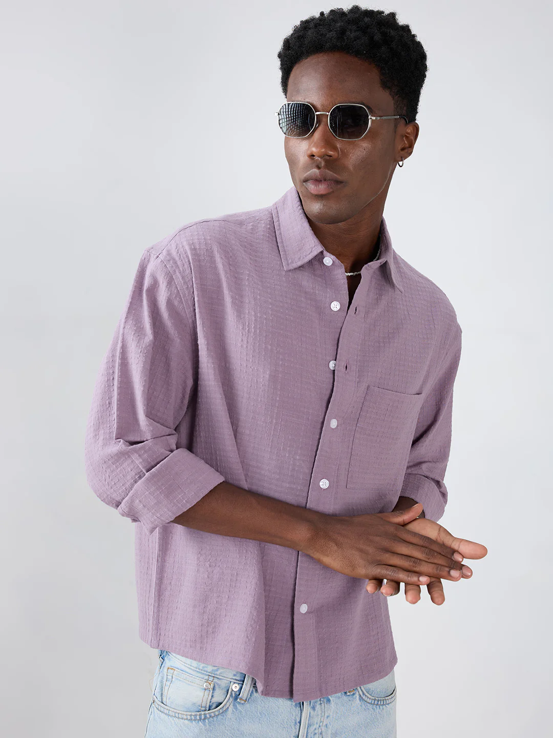 Soft Mauve Micro Grid Jacquard Weave Boxy Fit Crop Shirt - Image 5