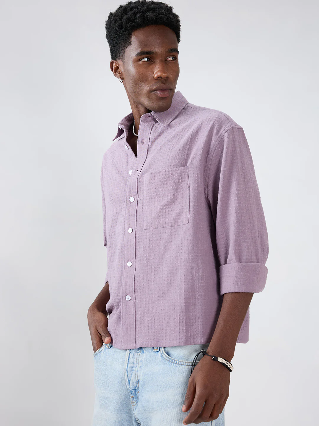 Soft Mauve Micro Grid Jacquard Weave Boxy Fit Crop Shirt - Image 6