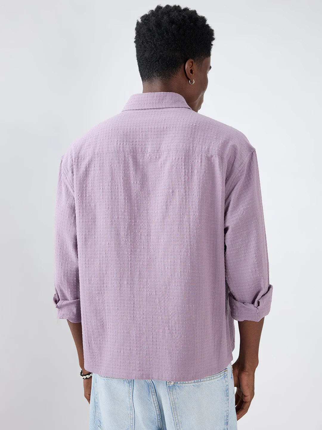 Soft Mauve Micro Grid Jacquard Weave Boxy Fit Crop Shirt - Image 7
