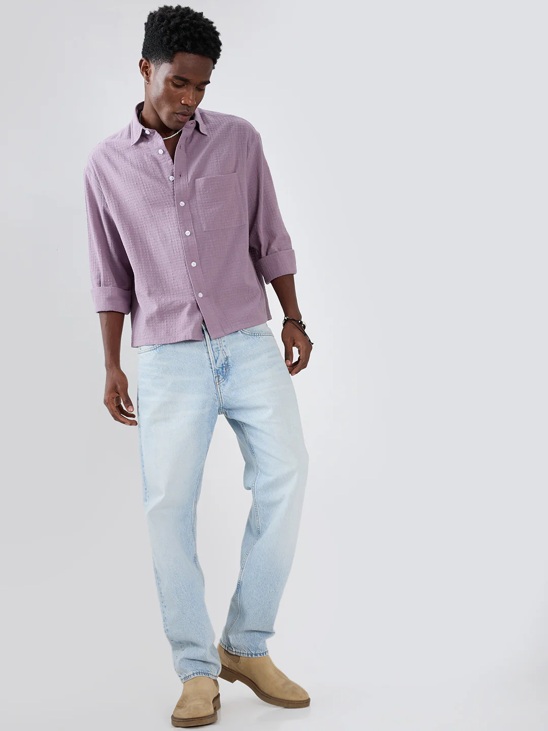 Soft Mauve Micro Grid Jacquard Weave Boxy Fit Crop Shirt - Image 8