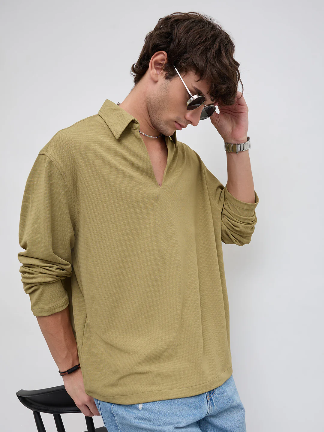 Soft Olive Oversized Knitted Polo Shirt