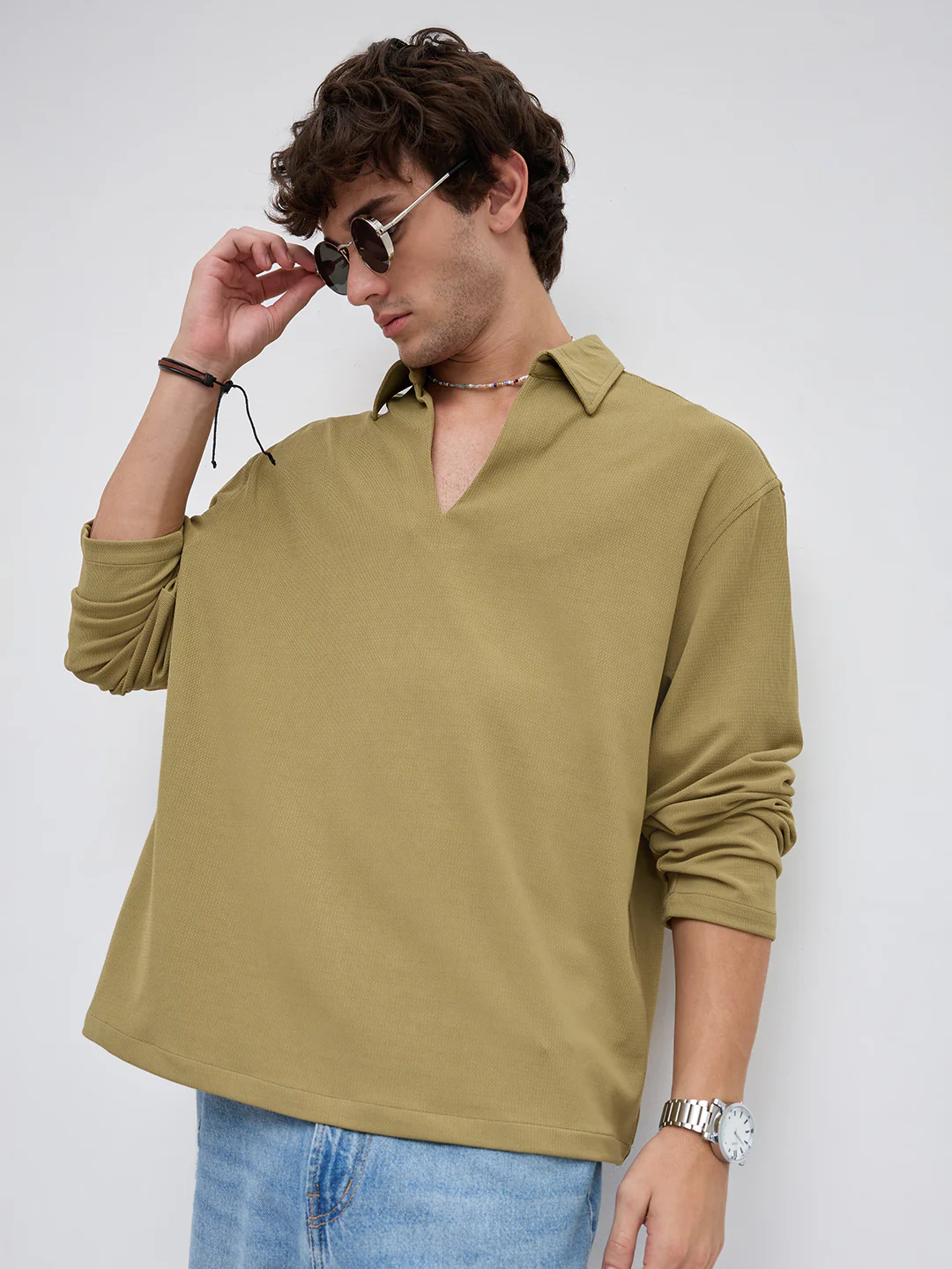 Soft Olive Oversized Knitted Polo Shirt - Image 4