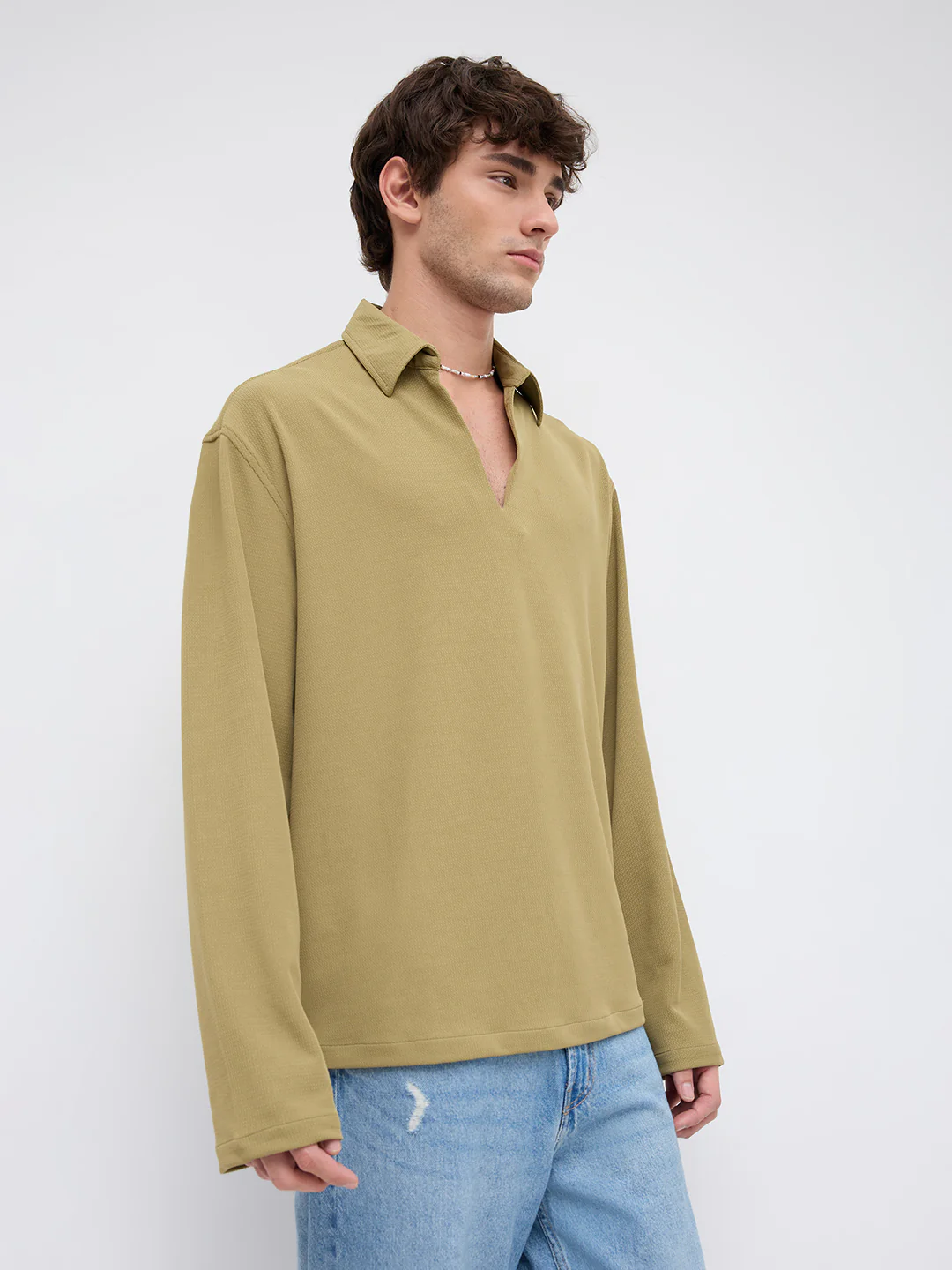 Soft Olive Oversized Knitted Polo Shirt - Image 6