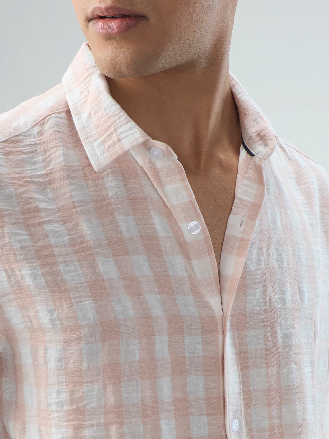 Soft Pastel Peach Box Checks Crinkled Shirt - Image 3