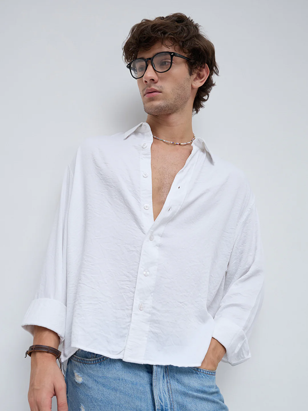 Soft Snow White Crinkled Boxy Fit Crop Shirt - Image 2
