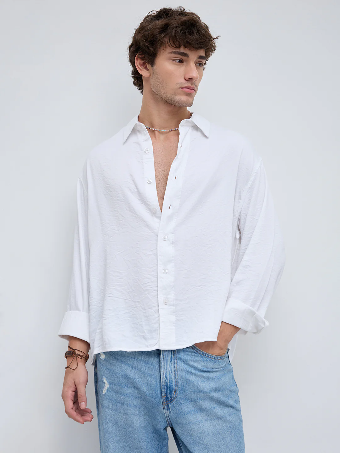 Soft Snow White Crinkled Boxy Fit Crop Shirt - Image 5