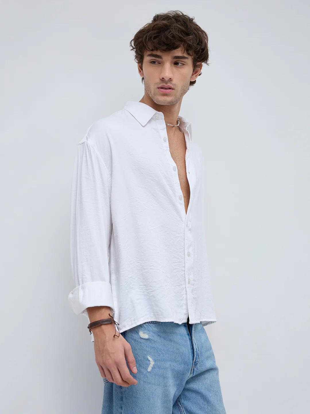 Soft Snow White Crinkled Boxy Fit Crop Shirt - Image 6