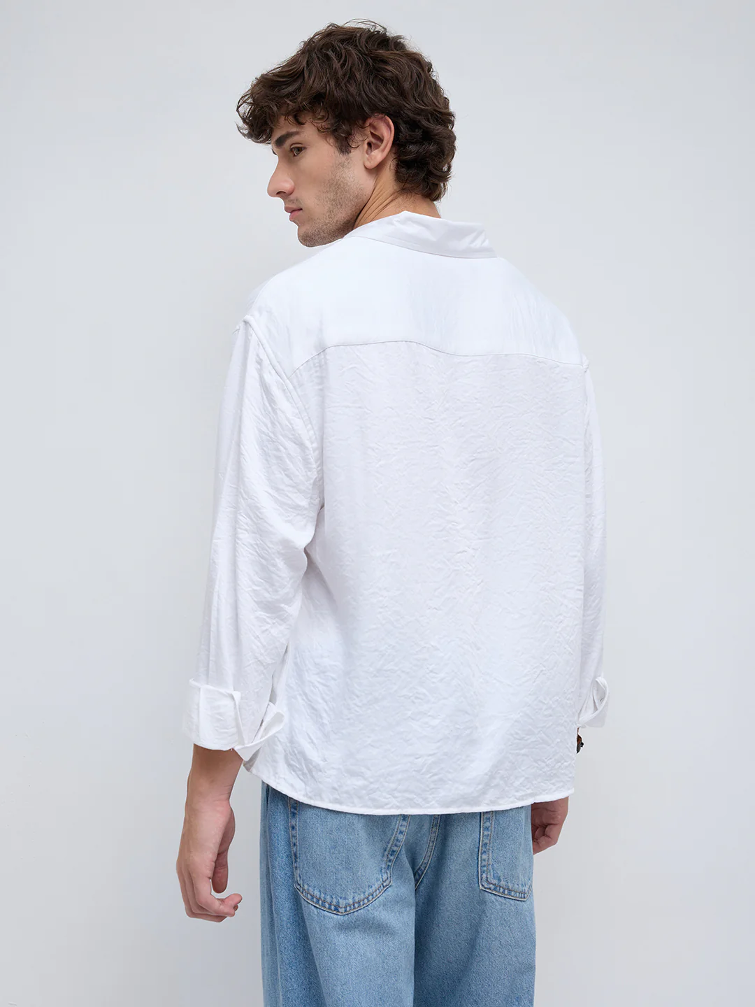 Soft Snow White Crinkled Boxy Fit Crop Shirt - Image 7