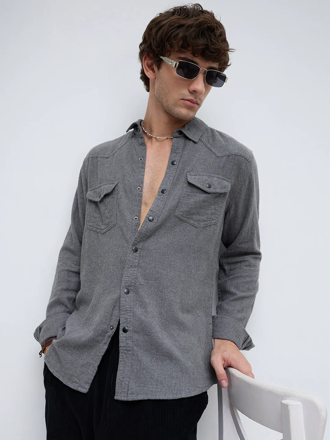 Solid Intense Grey Flannel Double Flap Pocket Shirt - Image 2